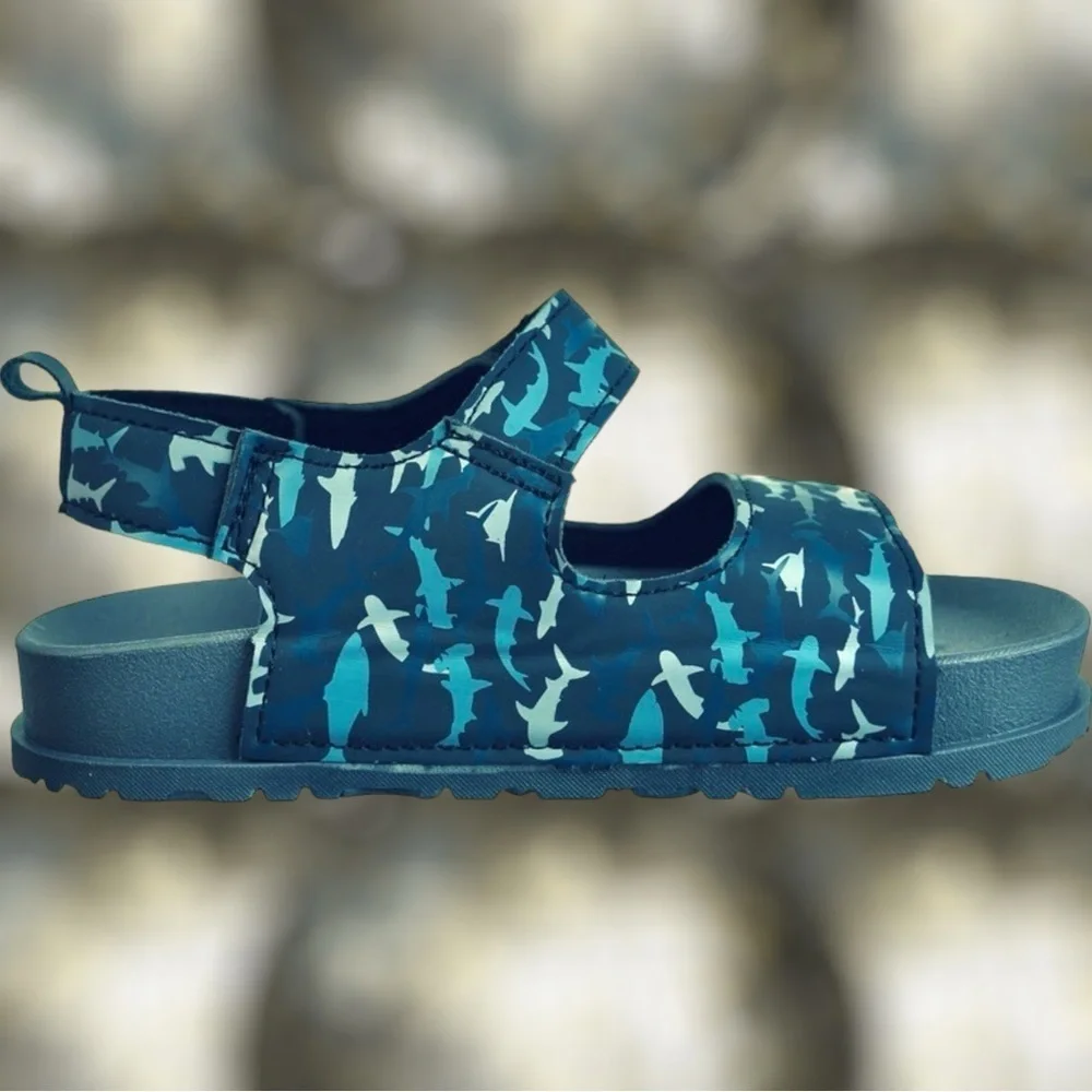 NWOT First Steps by Stepping Stones Navy Blue Shark Camo Print Sandals Size 4